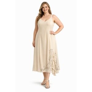 Champagne Beaded Ruffle Hem  Evening Gown Dress Formal NWT - size 16W Plus Curvy